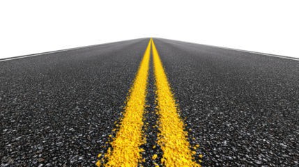 Straight road with yellow lane markings against a black background, endless journey concept.