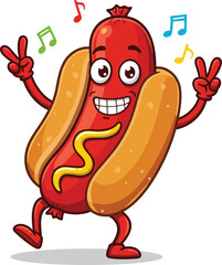 Cartoon dancing hot dog with mustard, smiling sausage character, music notes, fast food mascot, happy pose, vector clip art