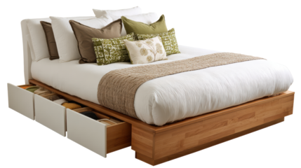Stylish modern bed with decorative pillows and storage drawers, white isolated background.