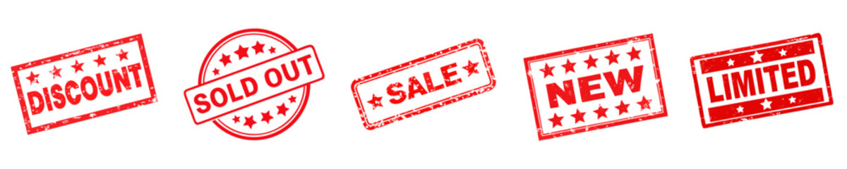 Set of five red rubber vector icon stamps with distressed texture: DISCOUNT, SOLD OUT, SALE, NEW, and LIMITED. Ideal for marketing materials, product labels, e-commerce banners, promotional graphics.