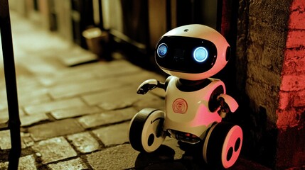 Small robot stands on cobblestone pavement at night.