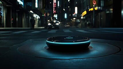 Futuristic device on a city street at night.