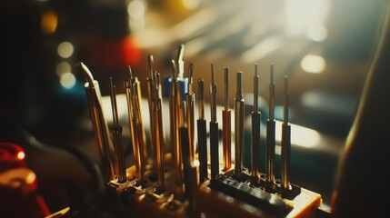 Collection of precision tools in an organized holder.