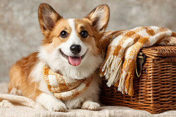 Cute Corgi dog and basket with plaids on beige background