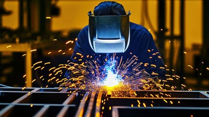 Metalworker welding metal parts in a factory setting.