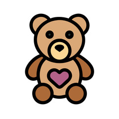 Fototapeta premium Colored vector icon of a brown teddy bear with a heart on its belly, symbolizing childhood, love, and gift-giving. Isolated on a white background
