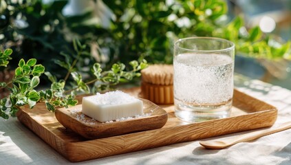 Simple wood tray with soap, sponge, and water, plant backdrop, soft focus