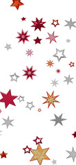 Beautiful celebratory background with red, gold, and silver stars on white.