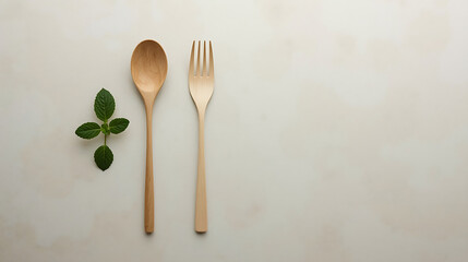 A minimalistic kitchen with a wooden spoon and fork, green mint leaves, and soft lighting, features a clean, simple, and balanced composition with a natural, eco-friendly aesthetic.