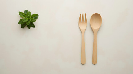 A minimalistic kitchen with a wooden spoon and fork, green mint leaves, and soft lighting, features a clean, simple, and balanced composition with a natural, eco-friendly aesthetic.