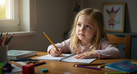 A little girl concentrates on drawing in a notebook at a wooden desk.