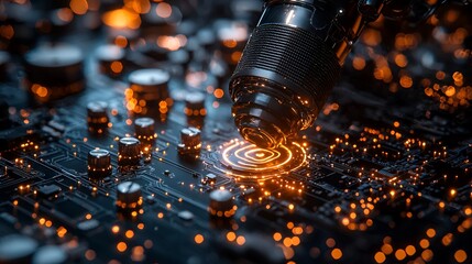Close-up of robotic arm soldering circuit board.