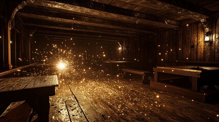 Sparkling sparks illuminate a rustic interior.