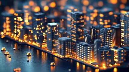 A nighttime cityscape model, illuminated by warm lights reflecting on the water.