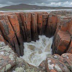 Dramatic coastal chasm with surging waves, orange-hued rocks, and lichen