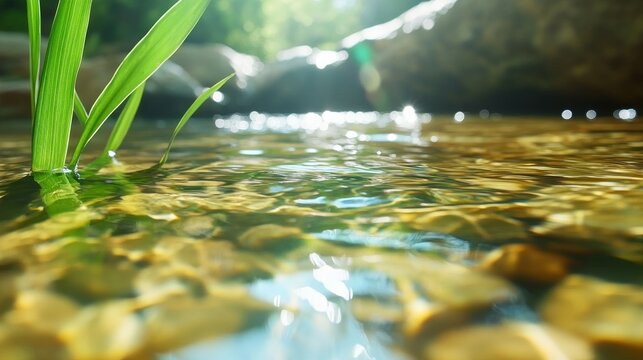 Crystal-clear shallow stream with vibrant green foliage.