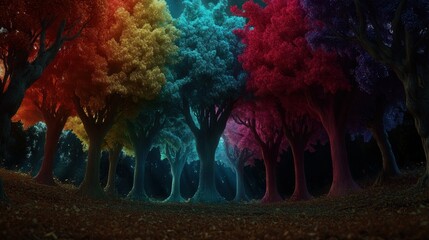 A vibrant forest of colorful trees.