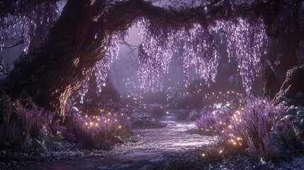 Enchanting forest path illuminated by glowing flora.