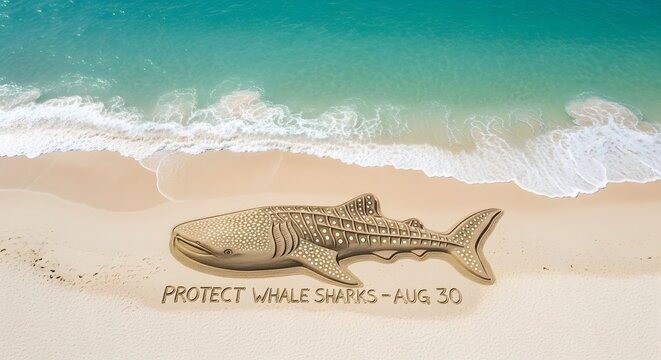 Whale Shark Sand Sculpture on Tropical Beach with &ldquo;Protect Whale Sharks &ndash; Aug 30&rdquo; Message