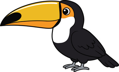 Colorful cartoon toucan bird with big yellow beak, tropical jungle animal illustration, exotic wildlife character, isolated on white background