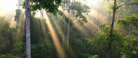 Sunlight through lush forest canopy - Powered by Adobe