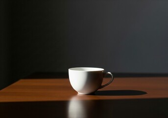 Minimalist White Ceramic Cup on Wooden Table with Dramatic Lighting
