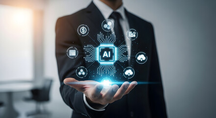 Professional's hand illuminates with a holographic AI chip and a network of digital business and data concepts.