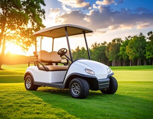 Fototapeta premium Serene Sunset Golf Cart on Lush Green Course.