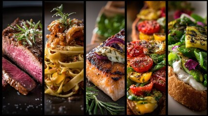 collage of various healthy tasty food close up