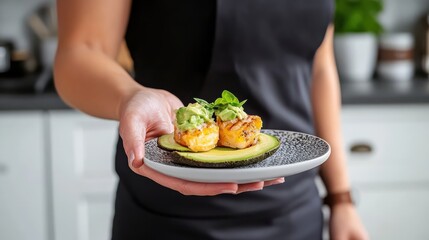 Woman Holding Plate of Delicious Food with a Joyful Smile in the Kitchen
