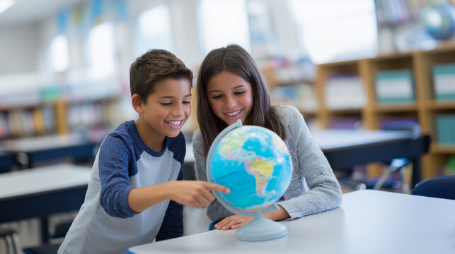 Two hispanic school children exploring a world globe in a classroom setting while learning about geography and global cultures. 