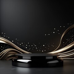 Elegant black (round)  podium background with flowing light golden line