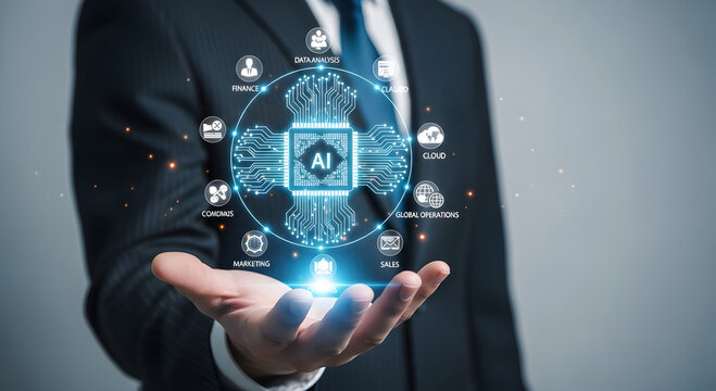 Businessman presents a glowing artificial intelligence chip connecting various global business functions.