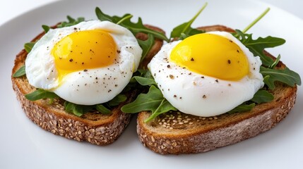 Delicious Breakfast of Two Eggs on Toasted Bread with Fresh Herbs Garnish