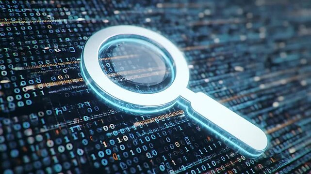 Magnifying glass search icon animation, magnifying glass on binary code