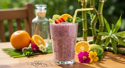 Vibrant Fruit Smoothie with Decorative Garnish