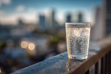 Glass of sparkling water with ice on balcony after rain in city
