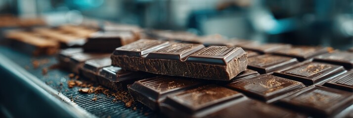 Chocolate bars arranged neatly on a production line in a confectionery factory showcasing the process of candy making