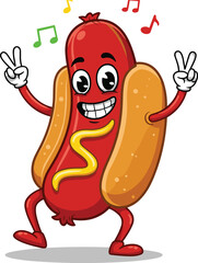 Funny cartoon dancing hot dog with mustard, music notes, smiling face, cute sausage character, fast food illustration, vector design