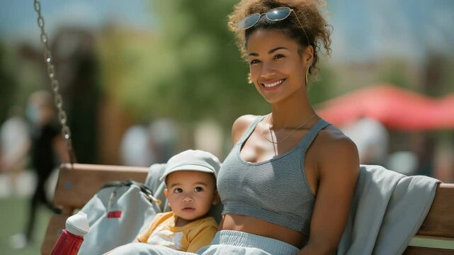 A stylish mom in leisurewear enjoys a park playdate with her child on the swing.