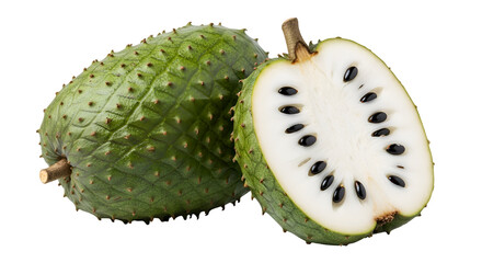 Soursop Fruit Displays its Seeds, Showing a Cut Half on Transparent Background, Isolated