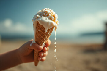 Melting vanilla ice cream cone held by child on sunny beach day
