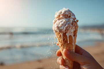 Melting ice cream cone held at beach with sunlight and ocean view
