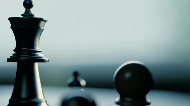 Black chess pieces including king queen and pawns positioned on wooden chess board creating dramatic strategic game atmosphere with shallow depth of field effect