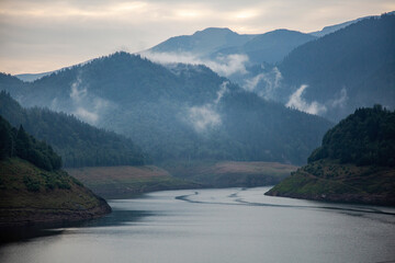 Misty morning over mountain lake in Retezat National Park. Ethereal fog drifting through forested Carpathian valleys creating atmospheric landscape
