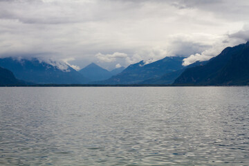 beautiful seascape on the horizon silhouette of mountains