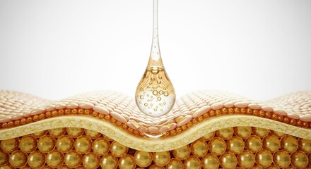 Beauty serum drops in action: Captivating image unveils the essence of skincare. The drop, a beacon of care, descends onto the layers of skin, symbolizing rejuvenation, health.