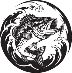 Fototapeta premium Black and white silhouette of a largemouth bass jumping out of water with a fishing lure and waves in a circular design
