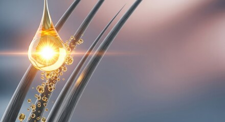 Hair Care Infusion: A close-up shot showing a glistening drop of essential oil descending towards strands of hair, representing nourishment and revitalization.