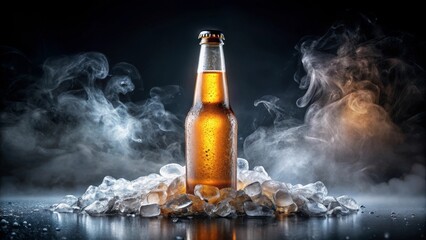 Luxury beer bottle partially buried in sparkling crushed ice with mist effect, premium chilling presentation, premium styling ideal for high-end alcohol marketing
